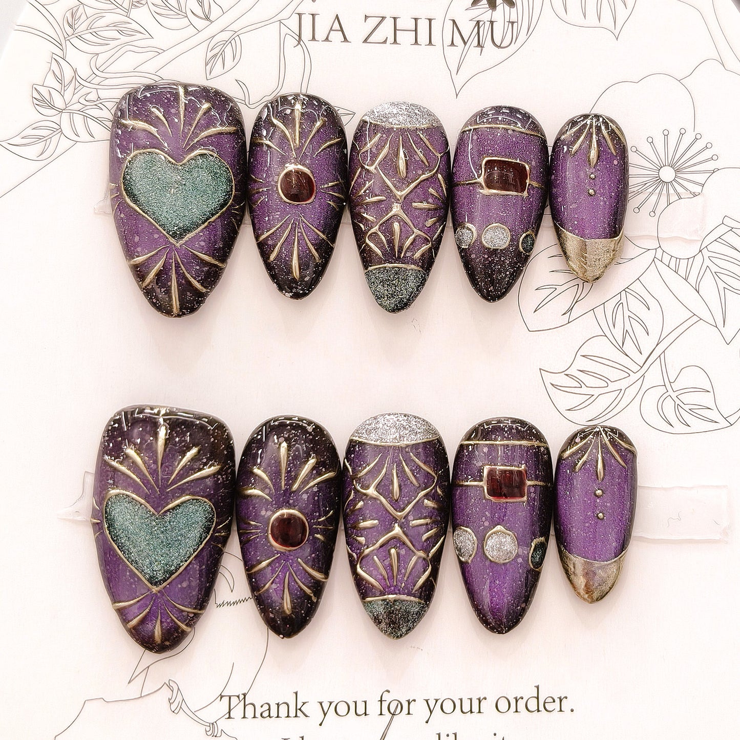 Mystical Elegance Short Stiletto Purple with Glittering Heart Design Press On Nail Set
