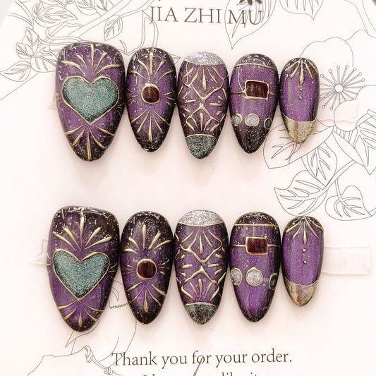 Mystical Elegance Short Stiletto Purple with Glittering Heart Design Press On Nail Set