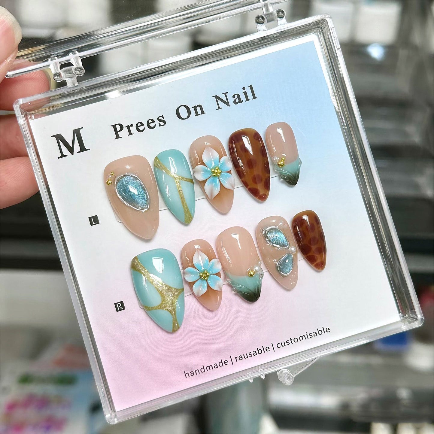 Tropical Vibes Medium Almond Aqua and Gold Floral Press On Nail Set