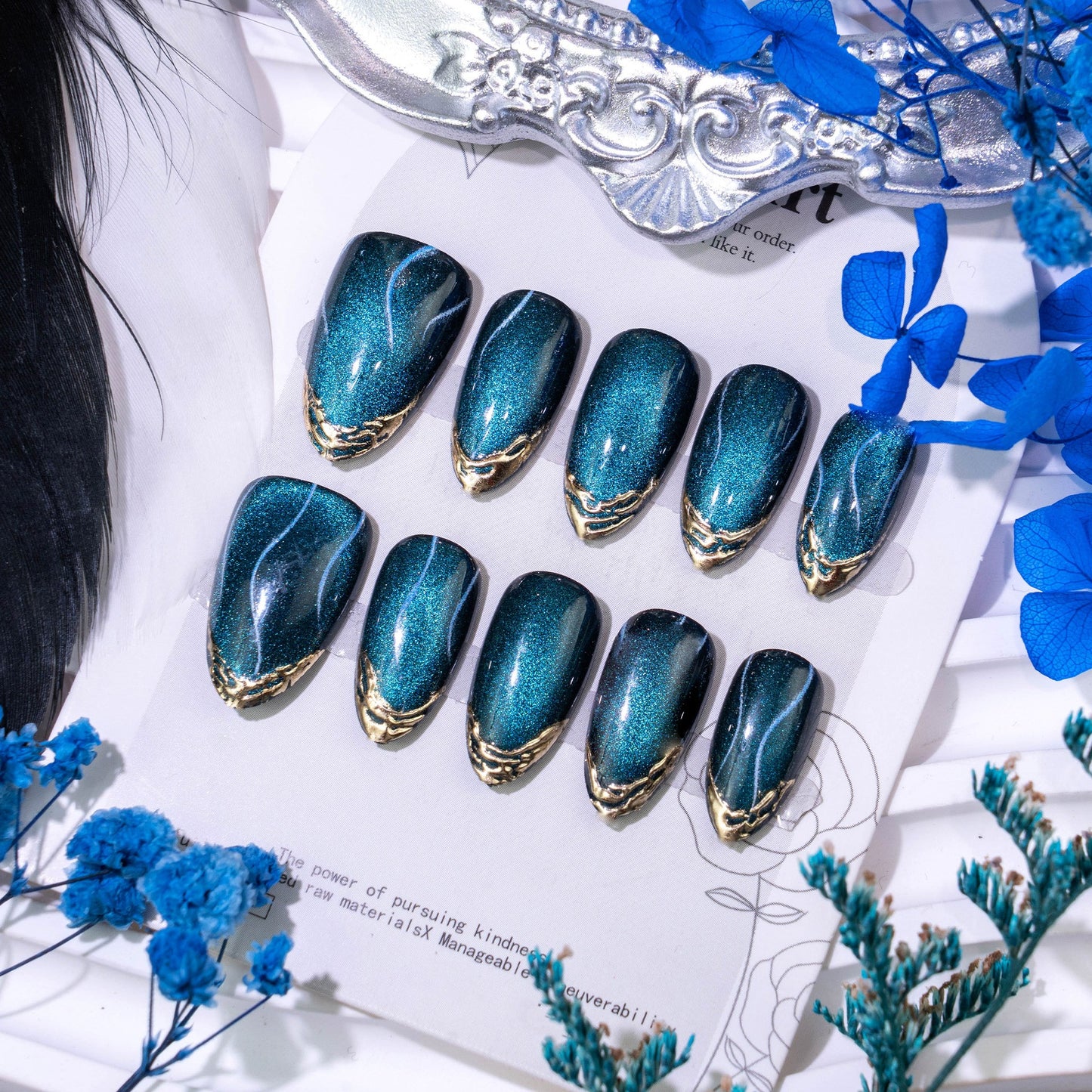 Enchanting Oceanic Vibes Long Almond Teal Glitter Press On Nail Set with Elegant Gold Trim