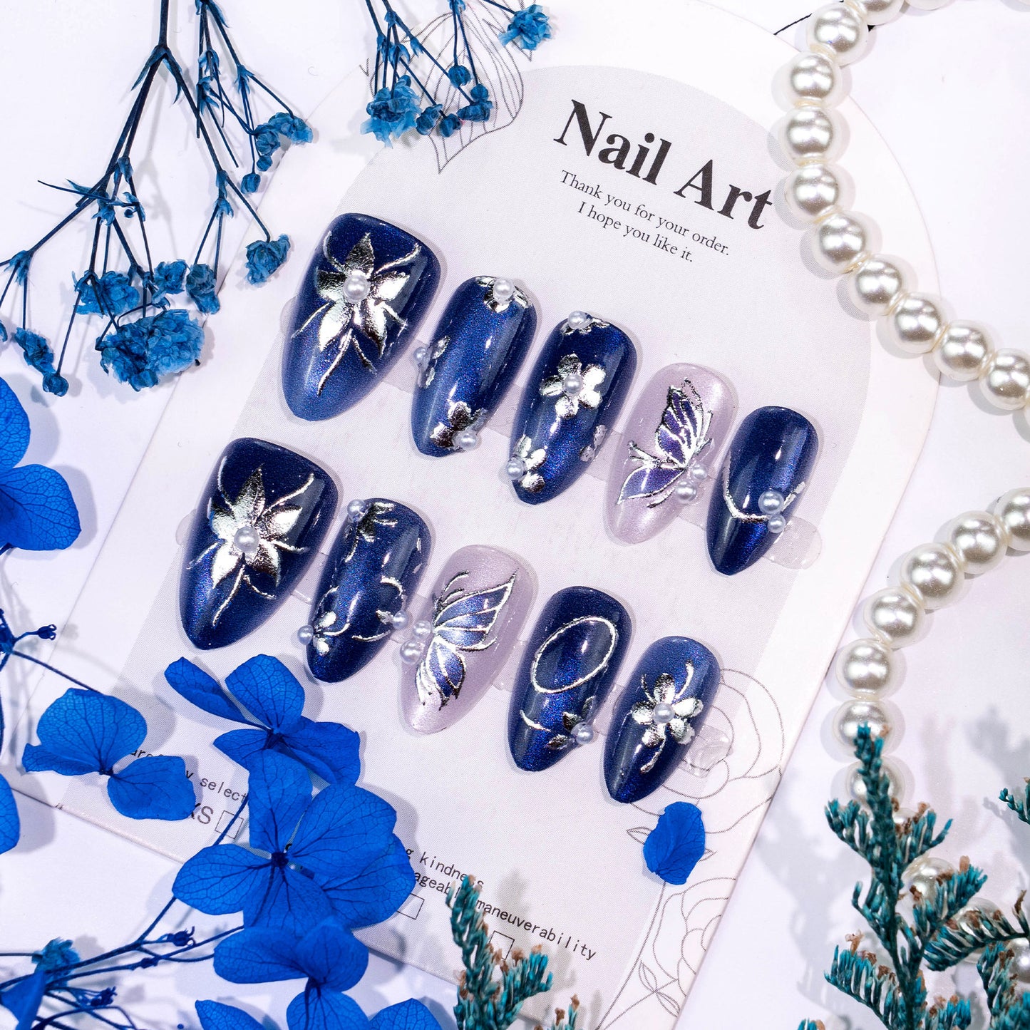 Ethereal Beauty Long Oval Deep Blue with Floral Embellishments Press On Nail Set