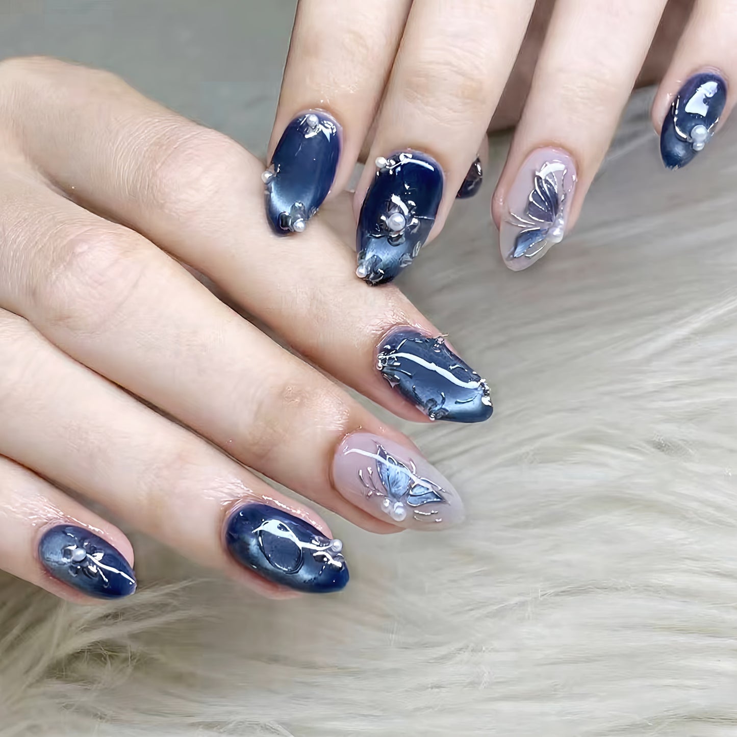Dreamy Ocean Vibes Long Oval Deep Blue with Elegant Pearl Accents Press-On Nail Set