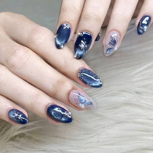 Dreamy Ocean Vibes Long Oval Deep Blue with Elegant Pearl Accents Press-On Nail Set