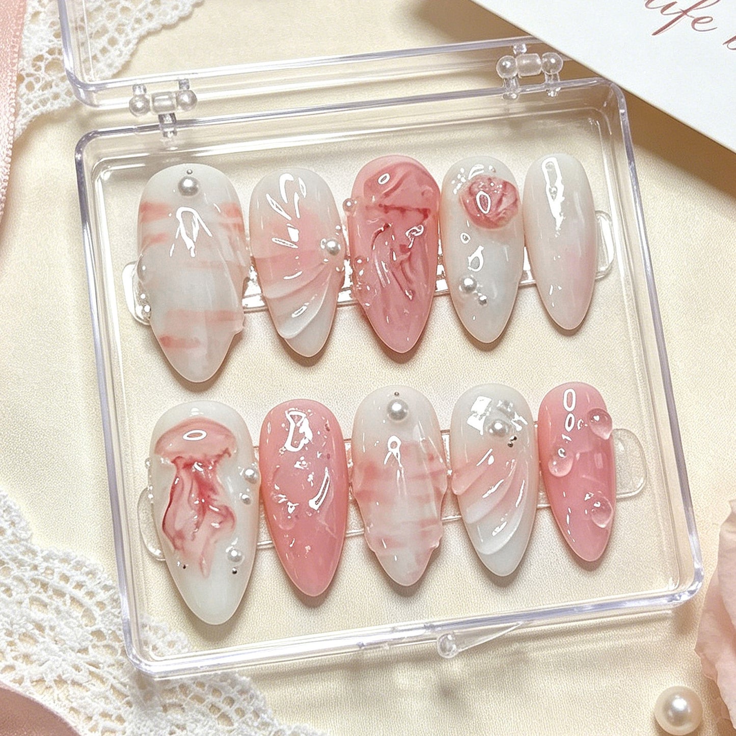 Elegant Pastel Medium Almond Blush Marble Nail Set with Pearl Accents