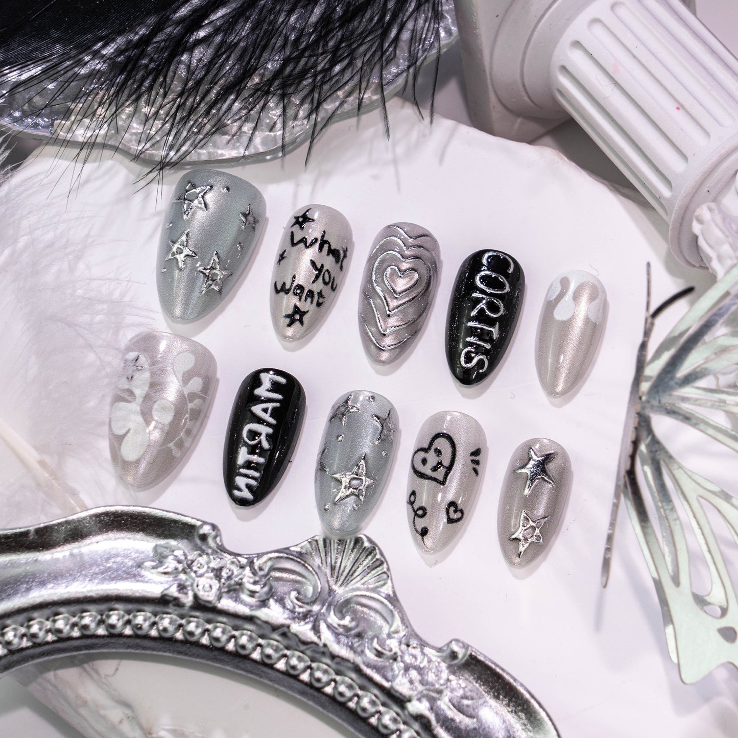 Celestial Dream Medium Almond Silver Glitter Press On Nail Set