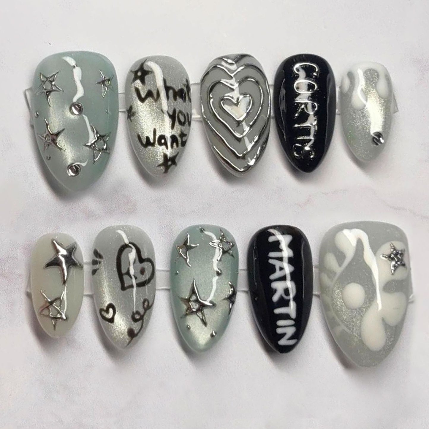 Glamorous Galaxy Inspired Medium Almond Gray with Stunning Metallic Accents Press on Nail Set