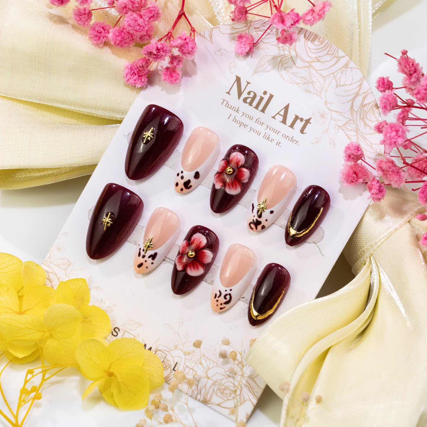 Floral Elegance Medium Almond Burgundy with Golden Accents Press On Nail Set