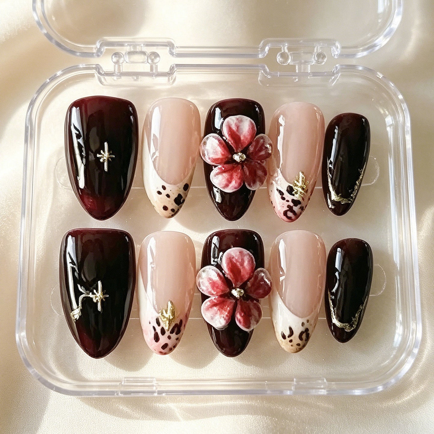 Elegant Floral Fantasy Short Stiletto Maroon with Three Dimensional Flower Detail Nail Set