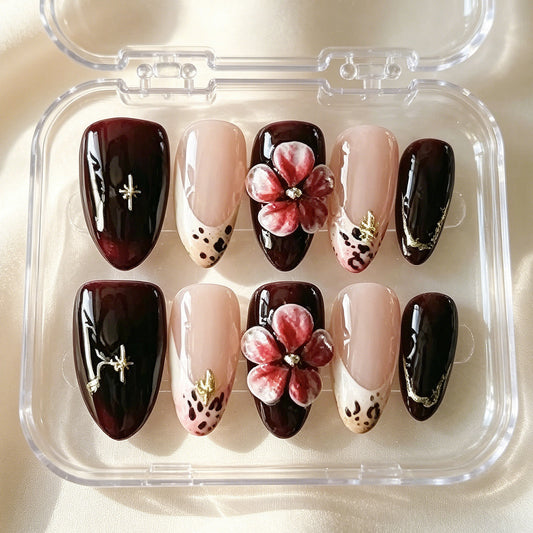 Elegant Floral Fantasy Short Stiletto Maroon with Three Dimensional Flower Detail Nail Set