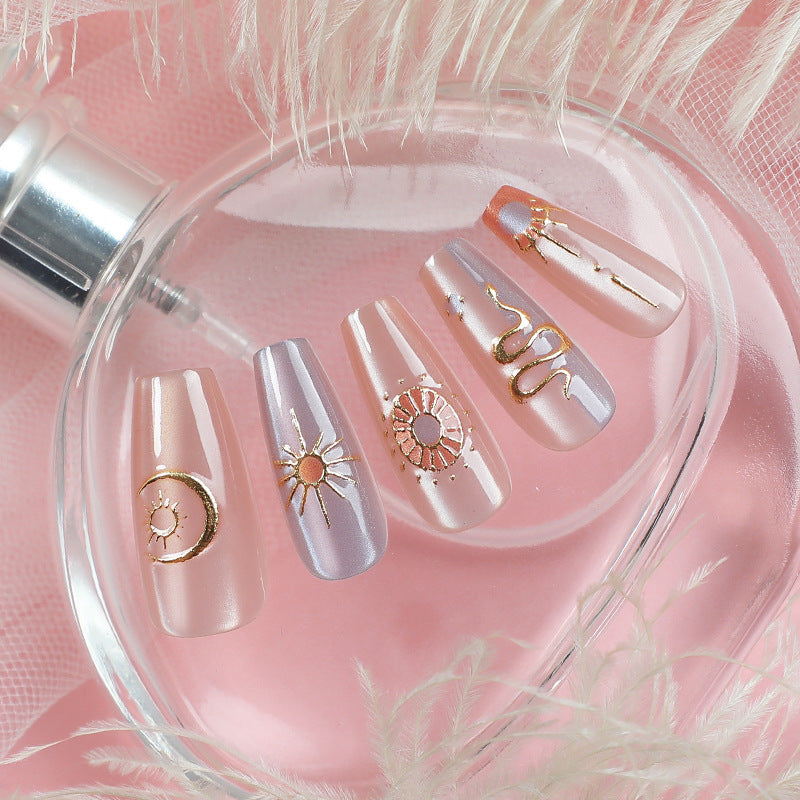 Celestial Dreams Long Coffin Blush Pink with Gold Foil Accents Press On Nail Set