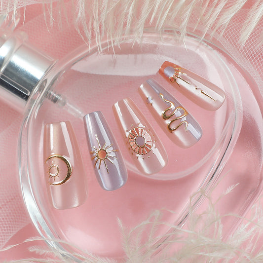 Celestial Dreams Long Coffin Blush Pink with Gold Foil Accents Press On Nail Set