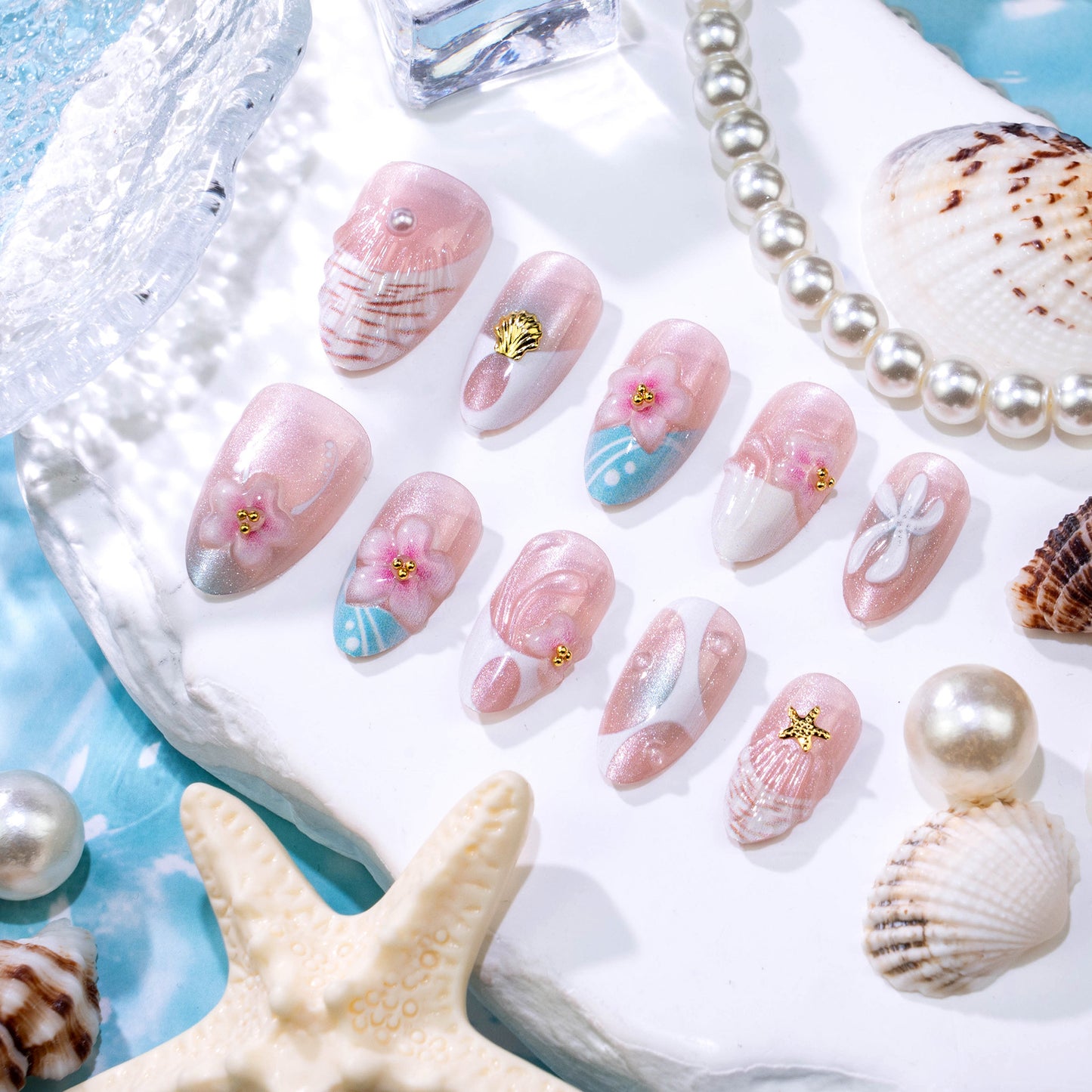 Ocean Breeze Medium Almond Pink Glitter Floral Nail Set