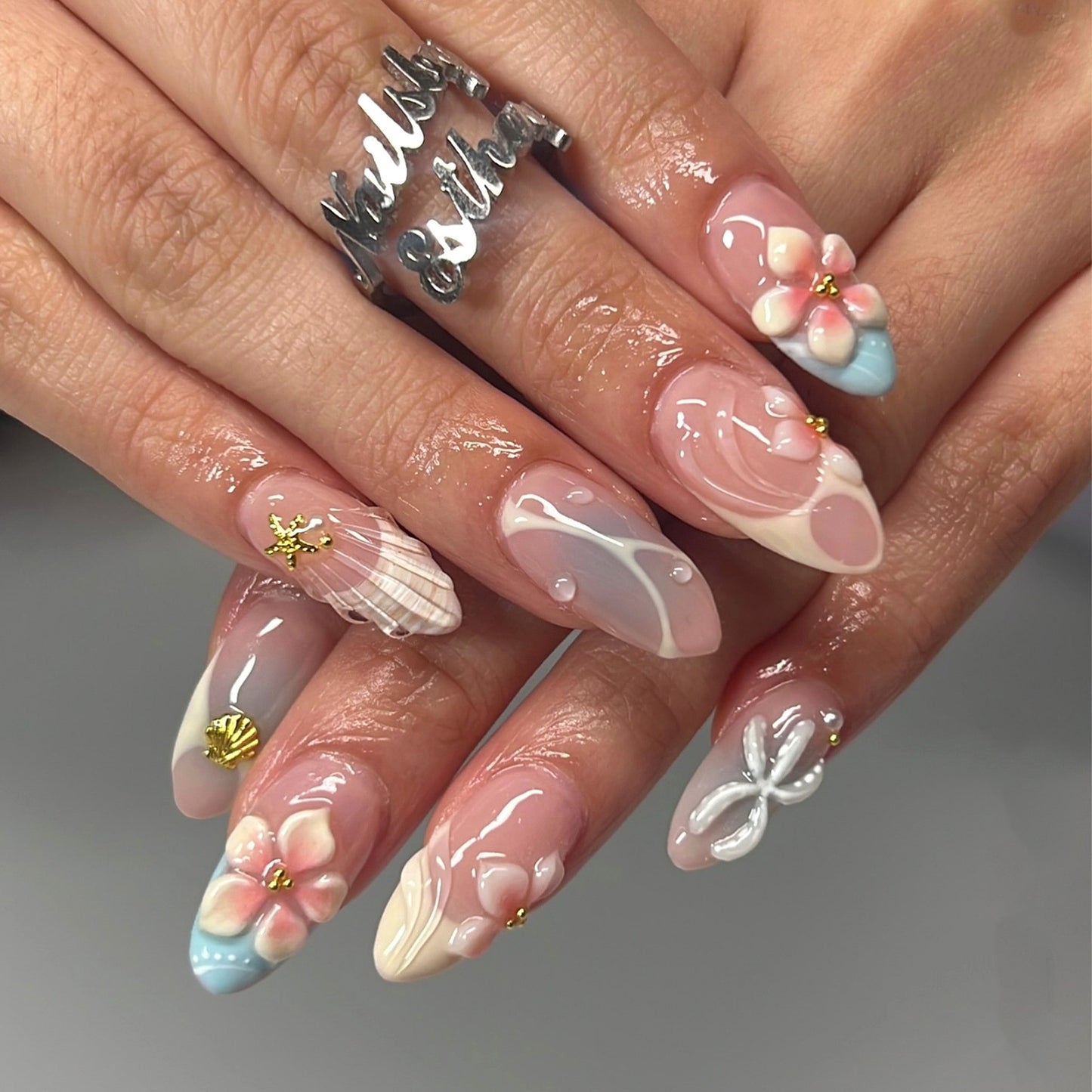 Ocean Breeze Medium Almond Pink Floral Press On Nail Set