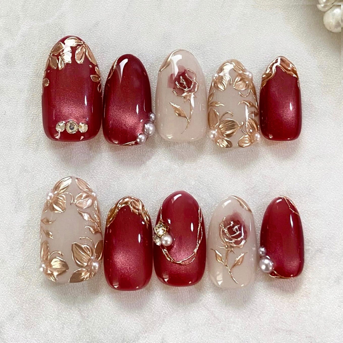 Elegant Romance Short Almond Burgundy with Floral Accents Press On Nail Set