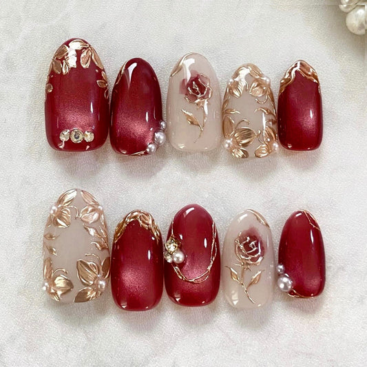 Elegant Romance Short Almond Burgundy with Floral Accents Press On Nail Set