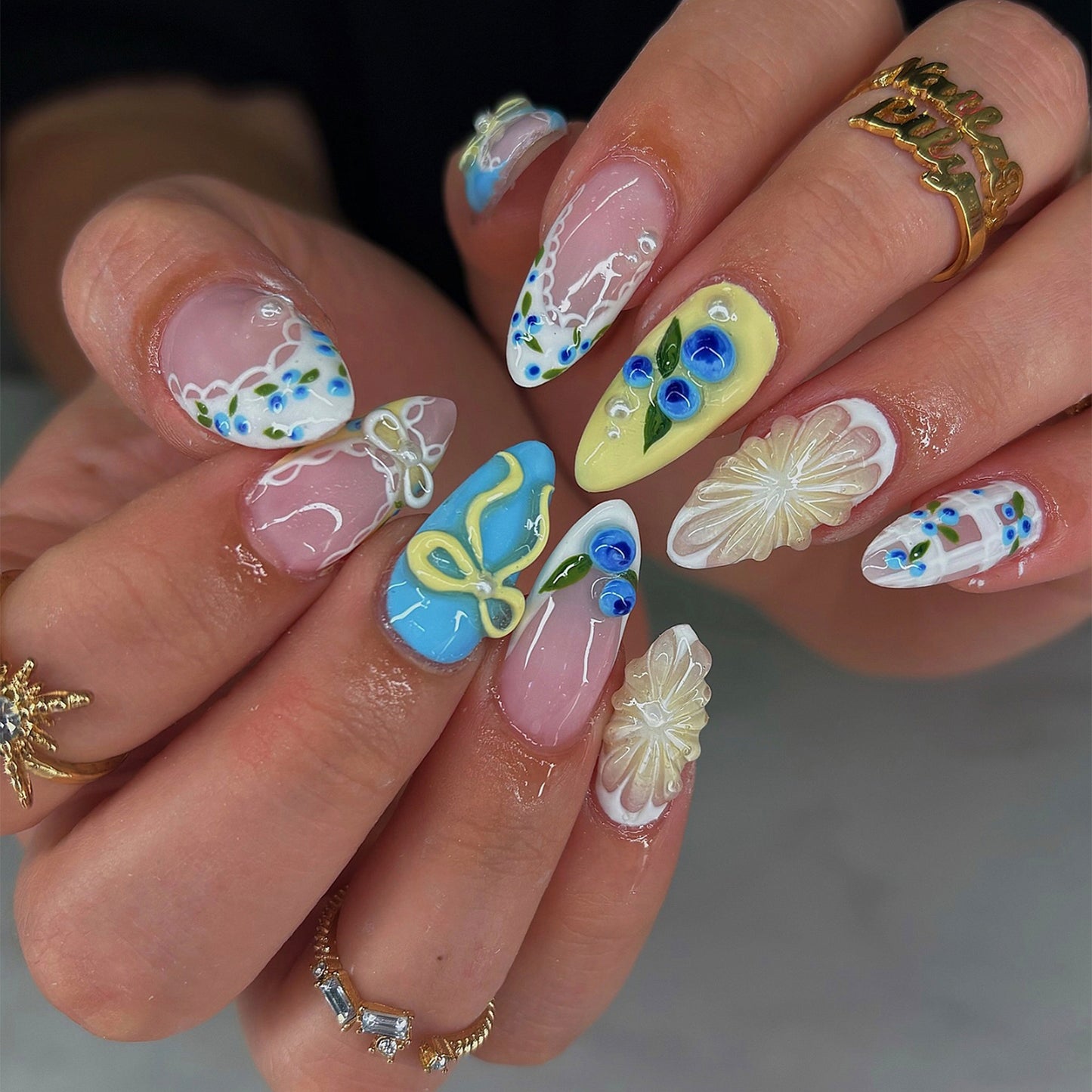 Whimsical Floral Medium Almond Blue and Yellow Decorative Nail Set