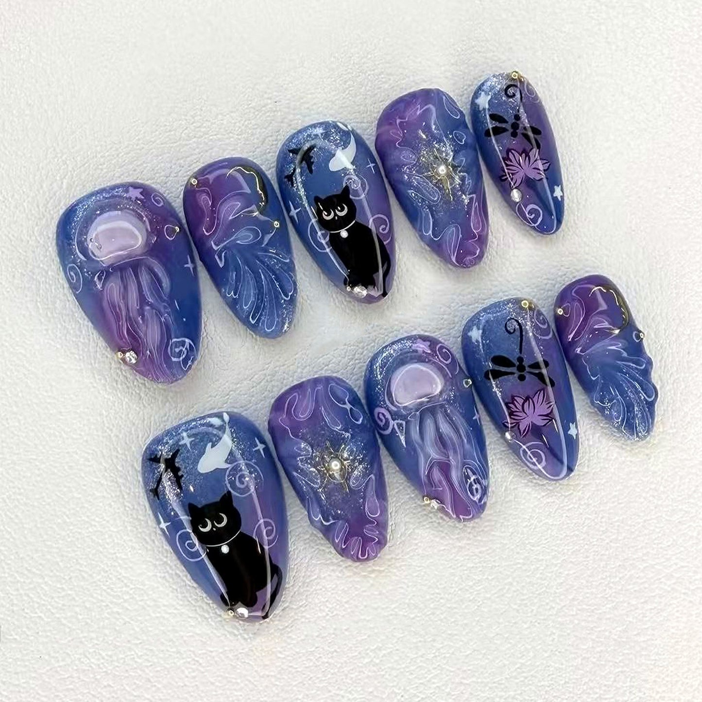 Mystical Night Sky Medium Almond Deep Purple with Enchanting Cat Design Nail Set