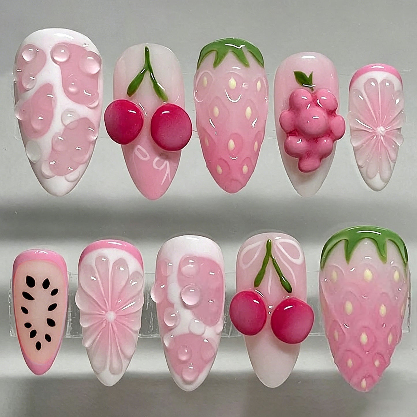 Sweet Summer Delight Medium Almond Pink Ombre Nail Set with Fruity Designs