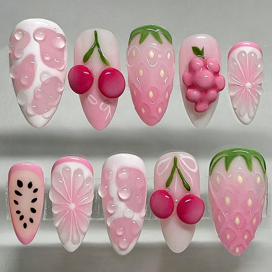 Sweet Summer Delight Medium Almond Pink Ombre Nail Set with Fruity Designs