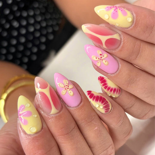 Tropical Bliss Medium Almond Pink and Yellow Floral Design Press on Nail Set