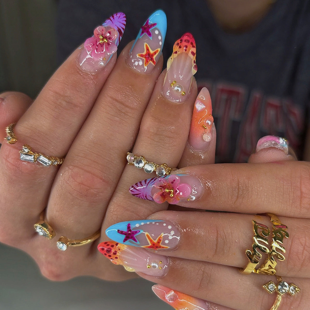 Tropical Vibes Long Stiletto Transparent with Colorful Floral Accents Press On Nail Set