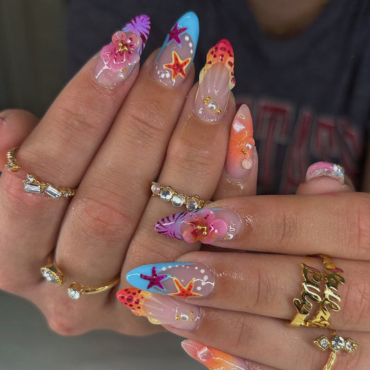 Tropical Vibes Long Stiletto Transparent with Colorful Floral Accents Press On Nail Set