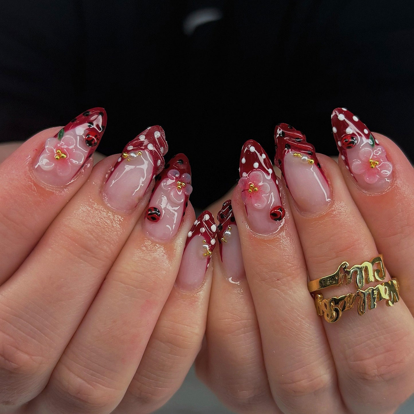 Elegant Floral Fantasy Medium Almond Red with Enchanting Ladybug Design Press on Nail Set