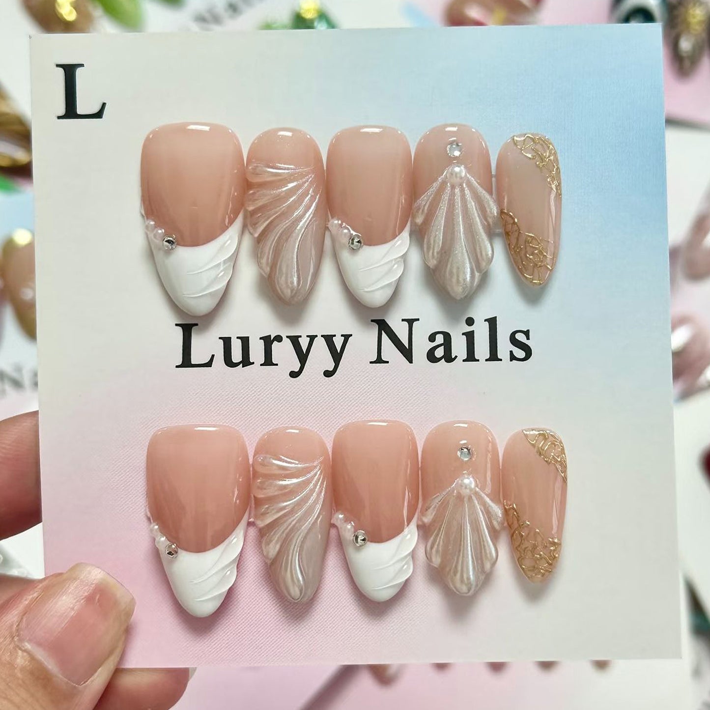 Ocean Breeze Medium Almond Blush Pink Press on Nail Set with Shell Accent