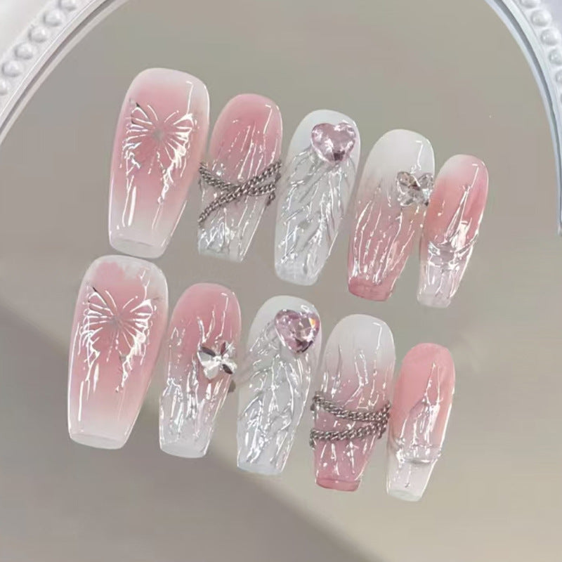 Charming Floral Fantasy Long Coffin Pink Gradient Press on Nail Set with Glittering Accents