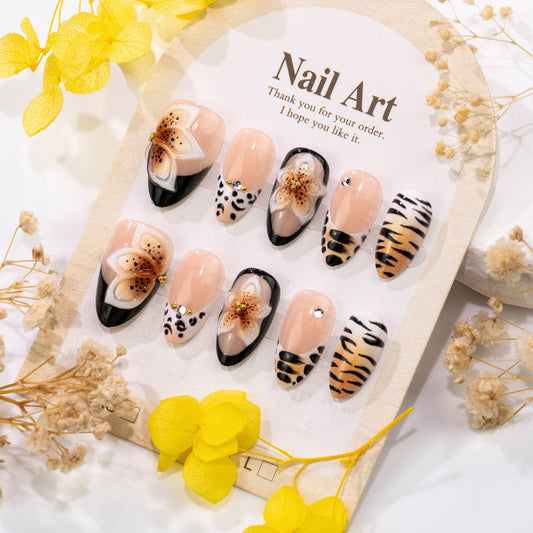 Wildflower Charm Medium Almond Beige with Floral and Animal Print Design Nail Set