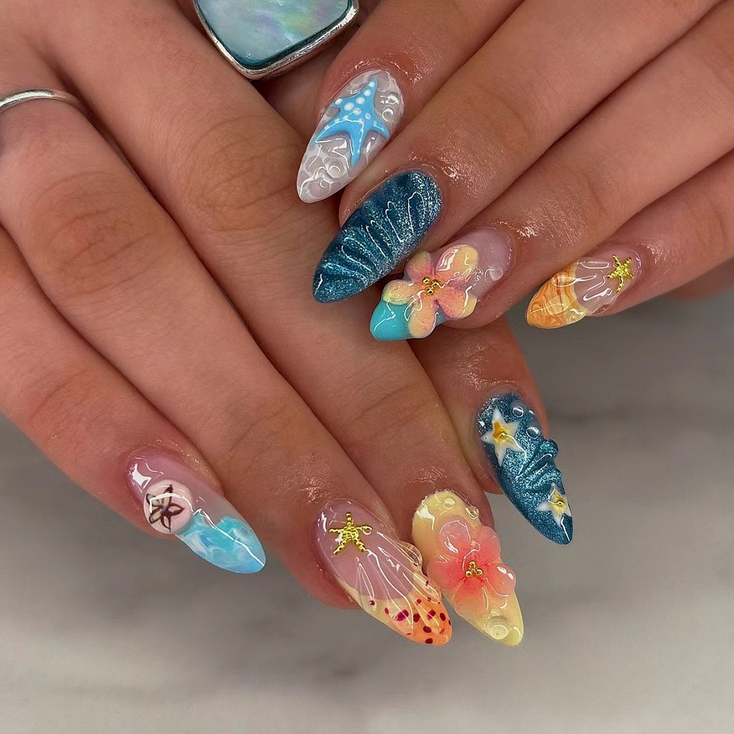 Tropical Paradise Medium Almond Blue and Floral Design Press-On Nail Set