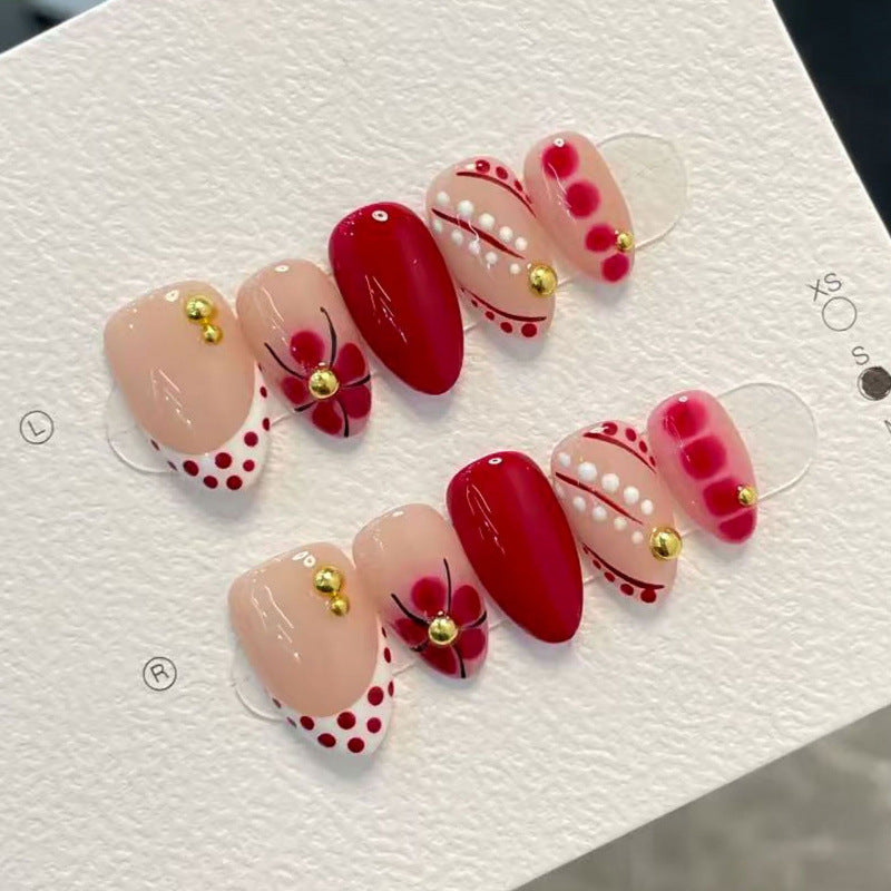Bohemian Chic Medium Almond Red and Beige Floral Accent Press On Nail Set