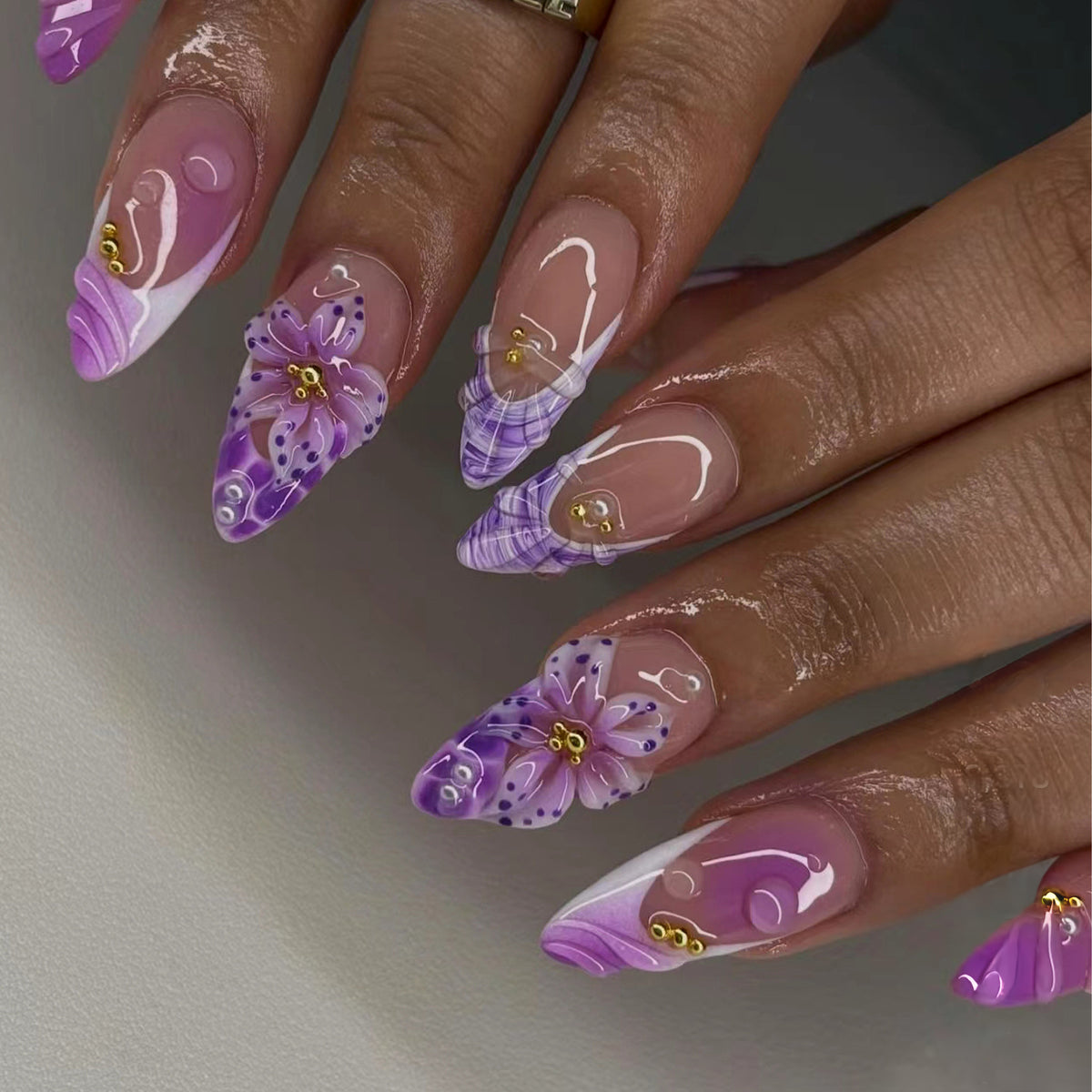 Floral Fantasy Long Stiletto Purple Press On Nail Set with Elegant Flower Accents