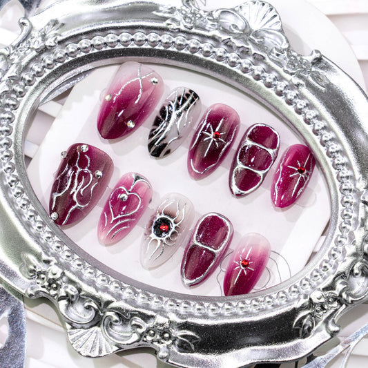 Gothic Elegance Short Almond Burgundy With Intricate Silver Designs Press On Nail Set
