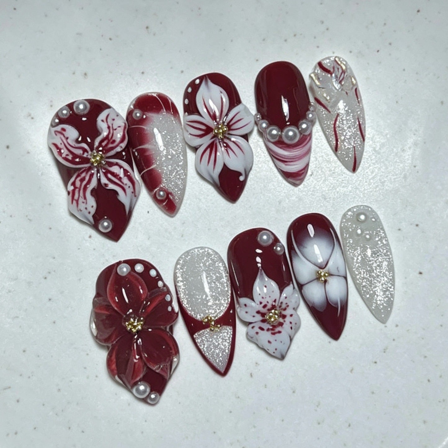 Elegant Floral Fantasy Medium Stiletto Red Press On Nail Set with Pearl Accents