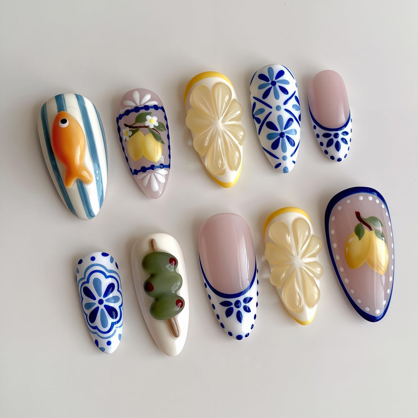 Summer Vibes Medium Almond Yellow Floral Design Press On Nail Set
