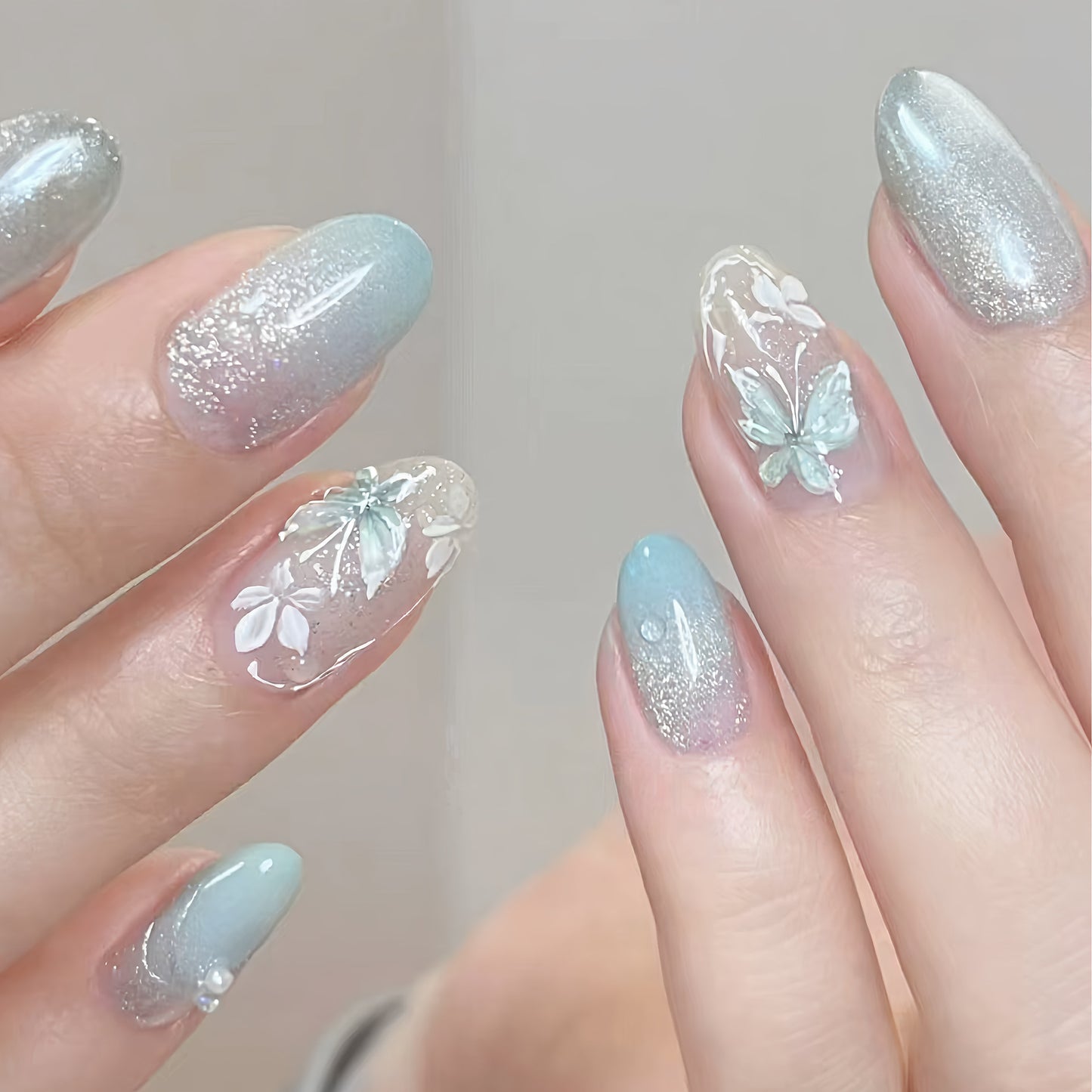 Whimsical Serenity Medium Oval Aquamarine with Delicate Floral and Butterfly Accents Press on Nail Set