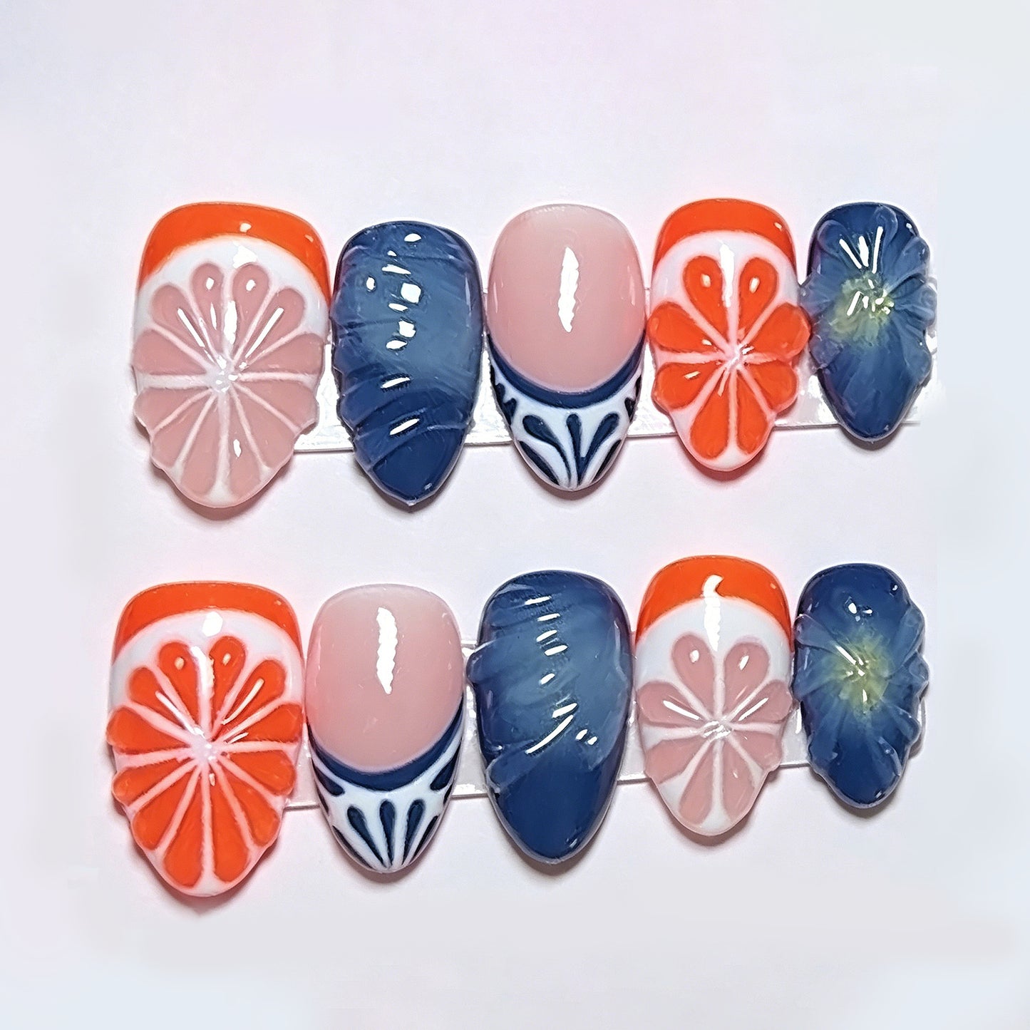 Tropical Vibes Short Almond Blue and Coral Nail Set with Floral Designs