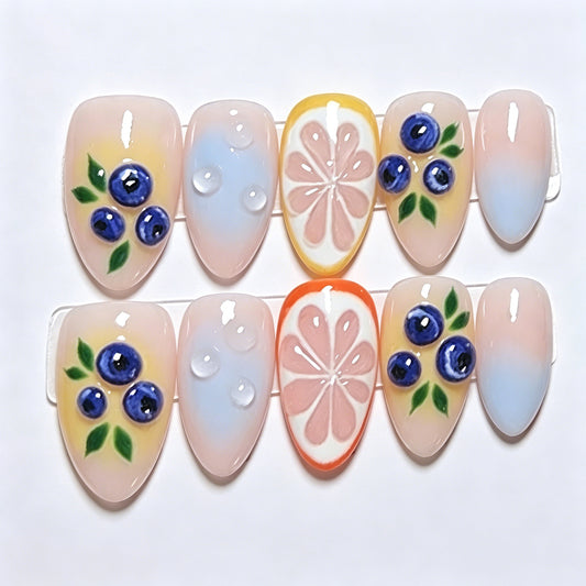 Fruit Blossom Medium Almond Pastel Nails with Botanical Artwork