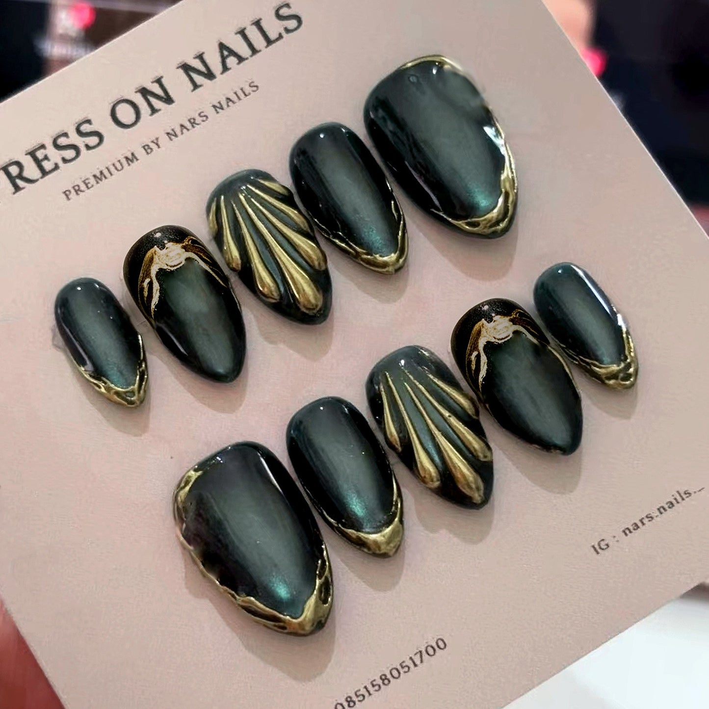 Glamorous Midnight Elegance Medium Almond Teal with Gold Trim Press on Nail Set