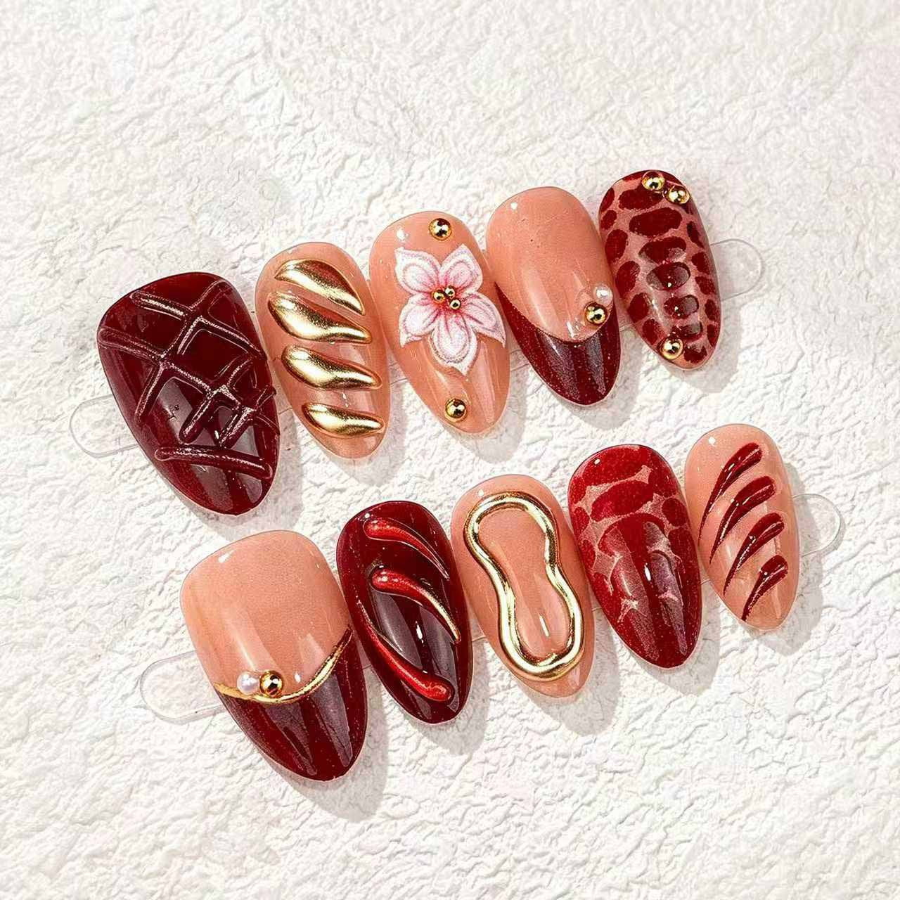 Glamorous Autumn Vibes Medium Almond Red with Floral Accents Press on Nail Set