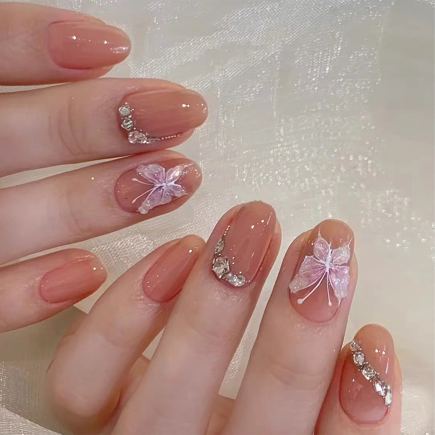 Delicate Garden Short Squoval Blush Pink Nails with Butterfly Accents