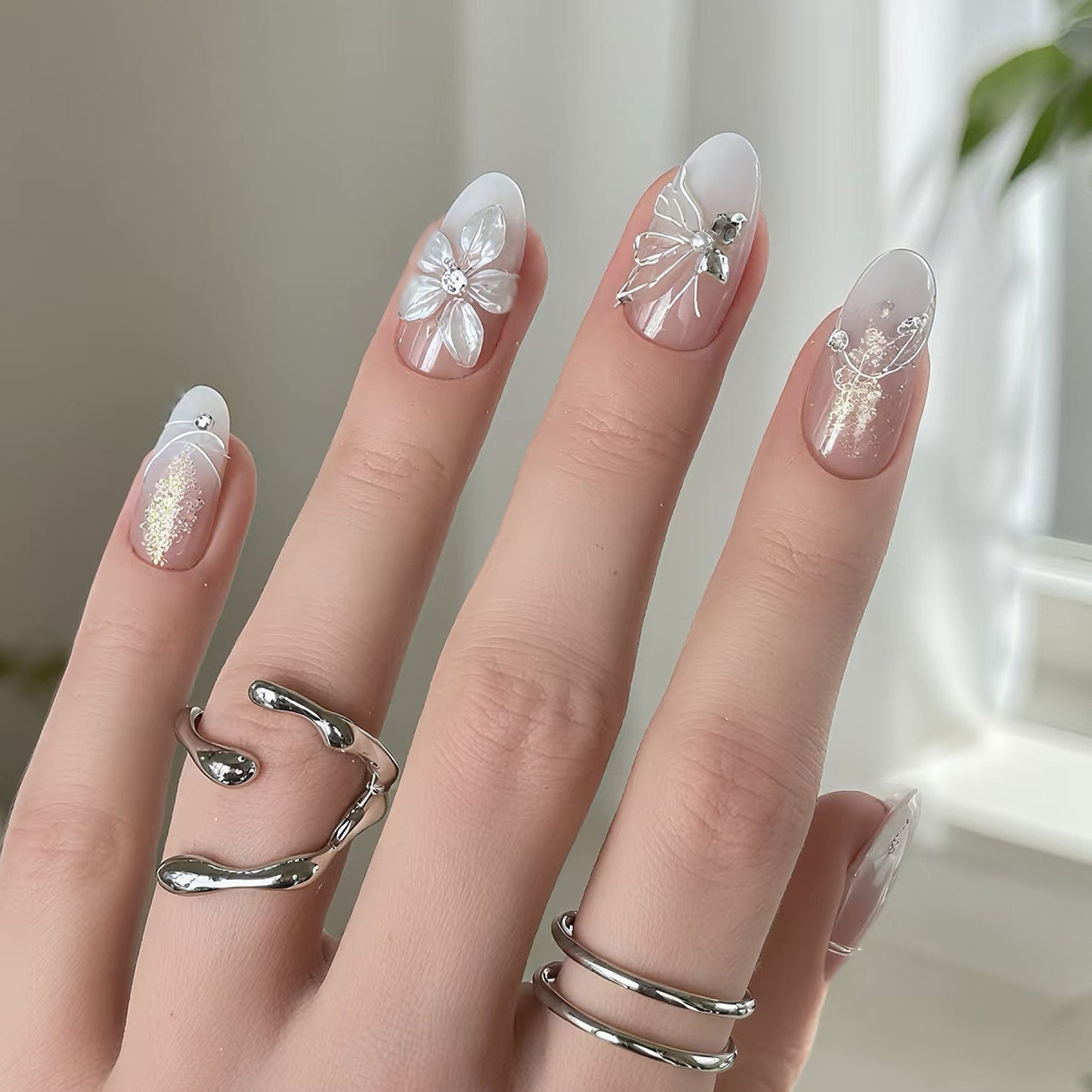 Whimsical Floral Medium Almond Iridescent Press-On Nail Set