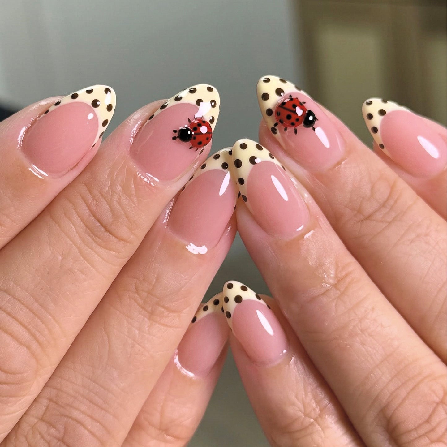 Ladybug Garden Spirited Medium Almond Pink with Polka Dot Tips and Charming Insect Detail Press On Nail Set