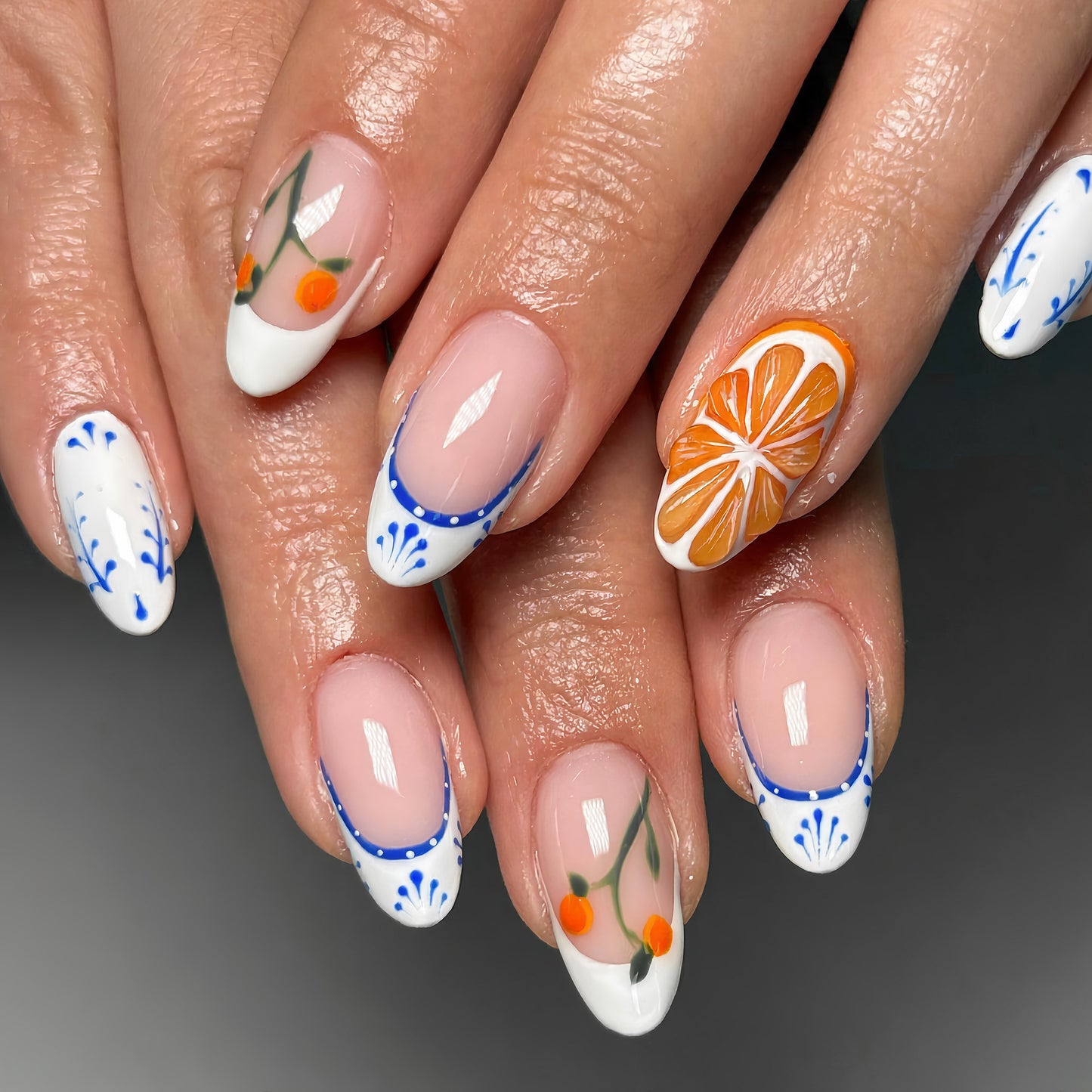 Citrus Splash Medium Almond White and Blue Floral Design Press On Nail Set