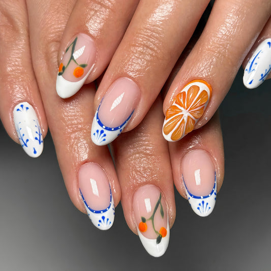 Citrus Splash Medium Almond White and Blue Floral Design Press On Nail Set