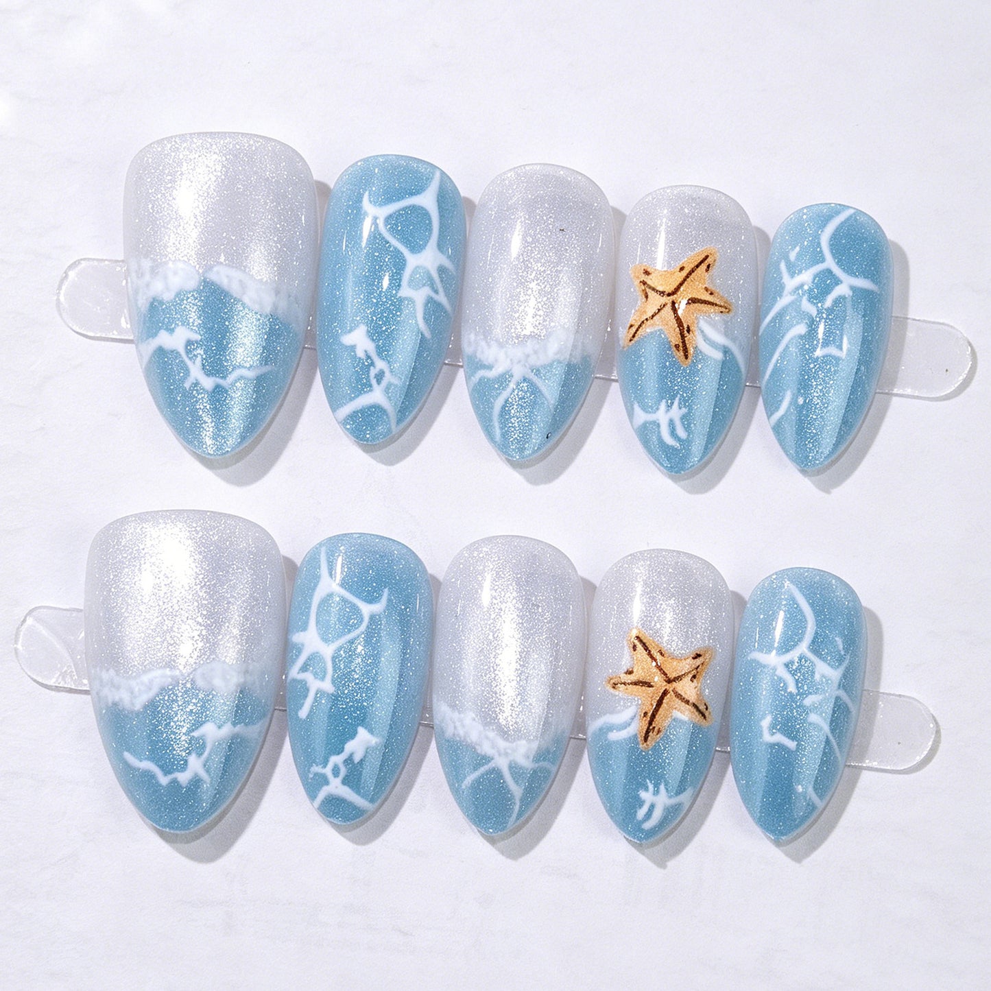 Ocean Breeze Medium Almond Glittery Blue Nail Set with Starfish Accent
