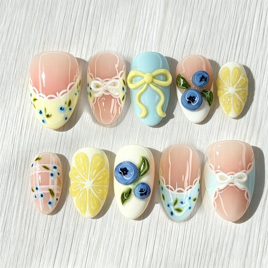 Charming Floral Short Round Yellow and Blue Detailed Nail Press Set