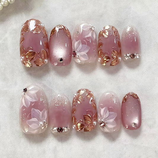 Enchanted Floral Medium Oval Pink Press On Nail Set with Elegant Gold Accents