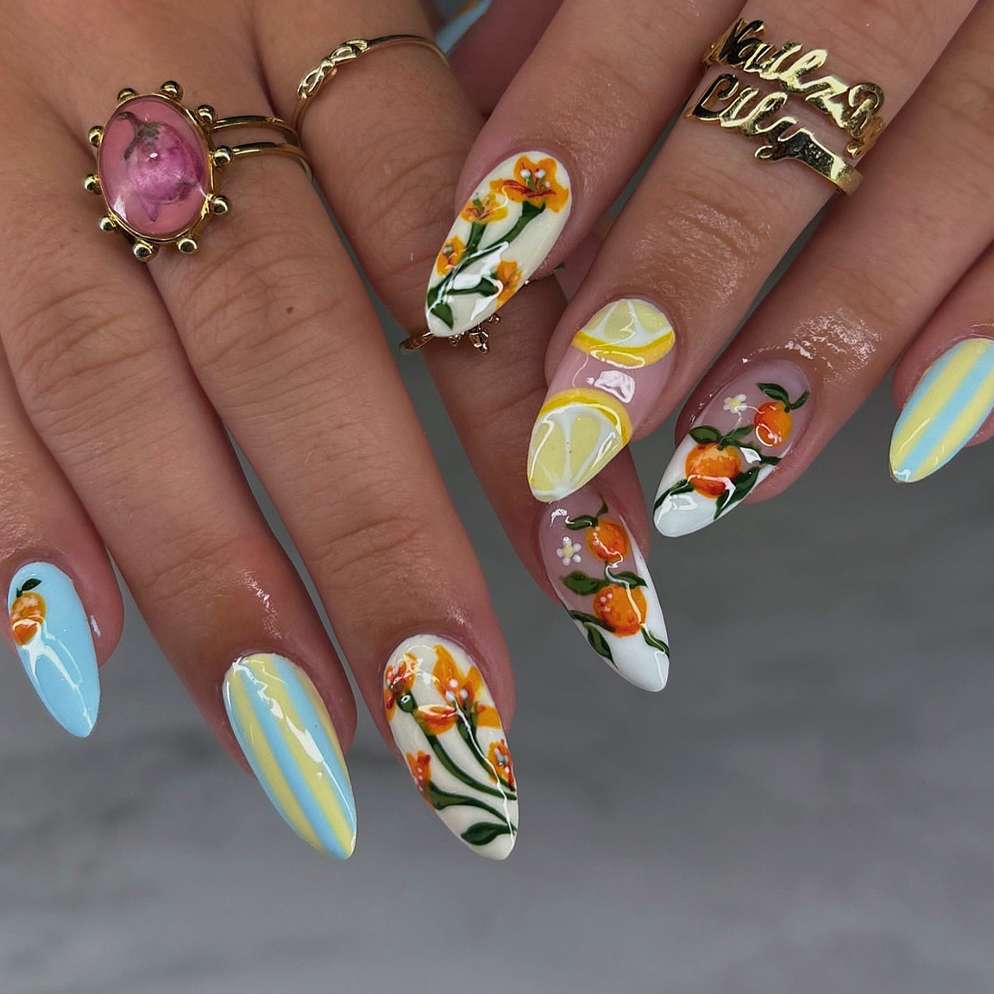 Citrus Blossom Medium Almond Blue and Yellow Floral Art Press On Nail Set